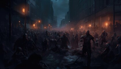 Fototapeta zombie crowd walking at night,halloween