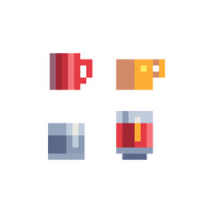 Poster - Cup for tea, juice and coffee icons set. Pixel art. Isolated vector illustration. Retro video game sprite.  Old school computer graphic style.