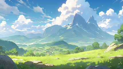 2d illustration of an amazing beautiful green mountain