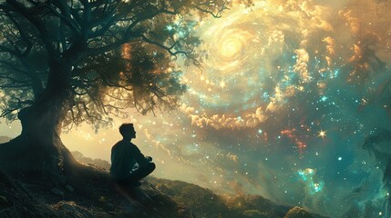 A man sits in a contemplative pose beneath an ancient tree, gazing into a vast cosmic galaxy, symbolizing deep connection and introspection, psychedelic therapy.