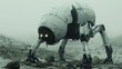 Quadrupedal robot with glowing eyes in a foggy terrain