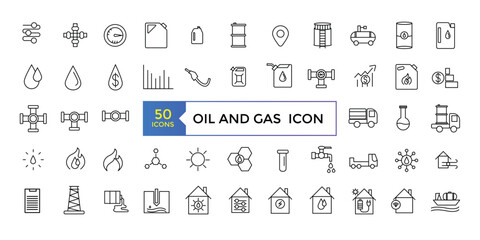 Wall Mural - Oil and Gas Related Vector Line Icons. Contains such Icons as Fuel Truck, Gas Station, Oil Factory, Transportation and more. Editable Stroke.