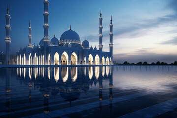 Magical fire sunset panoramic view of Sheikh Zayed Grand Mosque, Abu Dhabi, United Arab Emirates at sunset and dusk. The third biggest mosque in the world. Day to night transition. Generative Ai