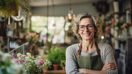 Wall Mural - Happy middle-aged female florist standing in her flower shop.