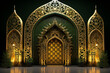 Decorative laser cut panels template with abstract texture. geometric Golden amadan windows Islamic door frames with ornament. Arabic mosque arch on green background. Islamic decoration. Generative Ai