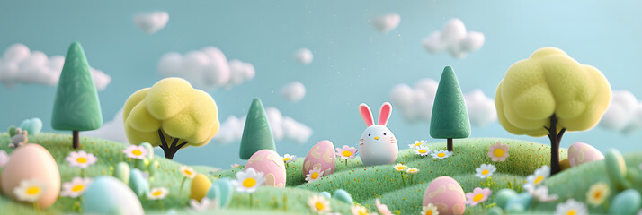 Wall Mural - Cute Easter background with spring flowers and eggs. 3d illustration.