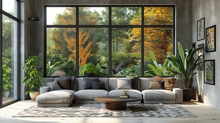 Canvas Print - This light living room features grey sofas, a coffee table, and a large window