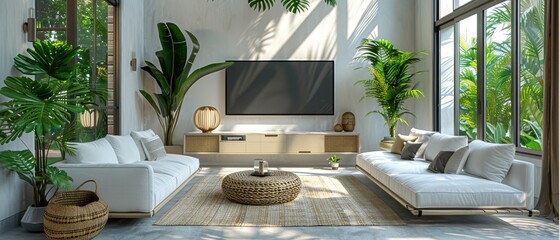 Poster - This is a view of a white living room in minimalist style with a television and a gold lamp, an interior design with a TV and cabinet on a white wall, a 3D rendering.