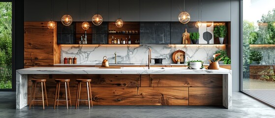 Canvas Print - A wooden kitchen with a large long island and bar stools. Marble top and wooden base. 3D rendering.