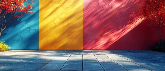Aufkleber - Applying shadows to a wall with a blank colorful background and a hard falling shadow. 3D rendering.