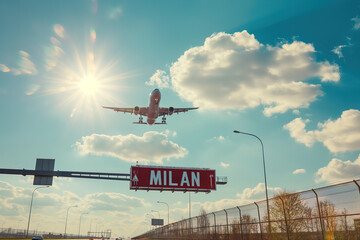 Wall Mural - Plane landing in Milan, Italy with 