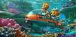 A 3D cartoon of a cat and robot crew piloting a colorful submarine under a coral-filled ocean