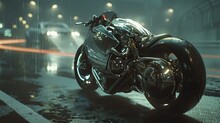 Motorbike, Cyberpunk, Intricate Details, Shiny Metal, Sweeping Curves, And A Gloomy Wind