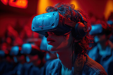 Canvas Print - Woman wearing virtual reality watching goggles headset spatial computer, augmented reality technology, colorful neon