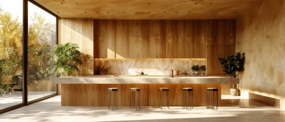 Wall Mural - Three-dimensional render of a minimalist kitchen. There is a large long island surrounded by barstools and a marble top.