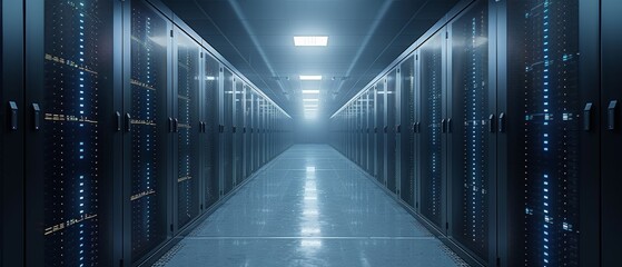 Fototapete - A shot of a corridor in a working data center with rack servers and supercomputers and high Internet visualization projections.