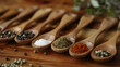 Various spices on wooden spoons. Food ingredient