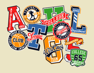West coast college sporting athletic department vintage vector artwork with font initials and sport badges for boy t shirt 