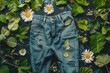  a pair of jeans with flowers and leaves around, biodegradable denim concept