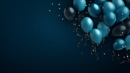 Wall Mural - birthday party balloons, Celebration background with golden blue confetti and blue balloons on dark blue background. Banner	
