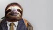 a sloth wearing a suit with a tie on a plain white background on the left side of the image and the right side blank for text,