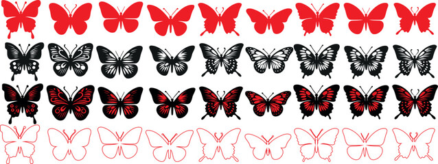 Wall Mural - vibrant butterflies, red and black butterfly vector illustration set, symmetrical pattern on white b