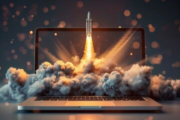 Wall Mural - rocket launch from a laptop, dynamic and energetic style, dark beige and aquamarine, smoke explosion