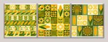 Seamless Geometric Patterns With Icons Of Corn Cob, Corn Grains, Cans, Ethnic Mesoamerican Ornament, Shapes. For Branding, Decoration Of Food Package, Decorative Print For Kitchen.