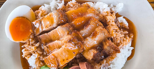 Wall Mural - Crispy pork on rice, food in Thailand