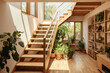 Wooden staircase with clean lines and natural wood tones, bathed in soft, natural light from a skylight. Greenery peeks through a window at the landing.