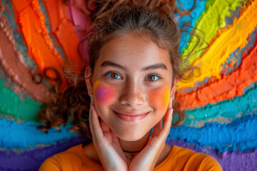 Teen girl on rainbow background with colorful makeup. LGBT concept