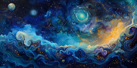Wall Mural - design a galaxy texture with stars, nebulas, and cosmic swirls in a dark expanse.