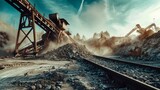 Fototapeta  - Industrial heavy machines with conveyor belts crushing stones for covering railway tracks in quarry with dirt and dust