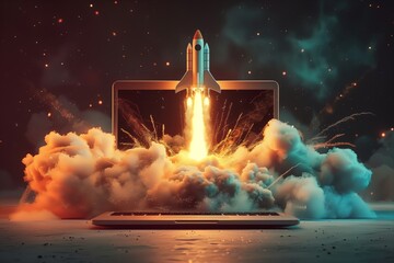 Wall Mural - Startup rocket coming out of a laptop, in the style of investing, explosive pigmentation, rocket launch to space, futuristic art, innovation and stock market success concept.