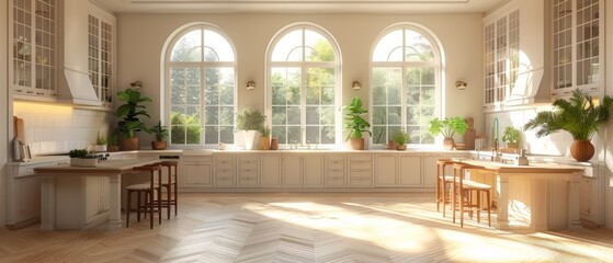 Wall Mural - A 3D rendering of a bright kitchen with an empty wall. Accessories for a catalog....