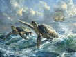 Ancient sea turtles navigating the ocean, symbolizing longevity and the mysteries of marine life
