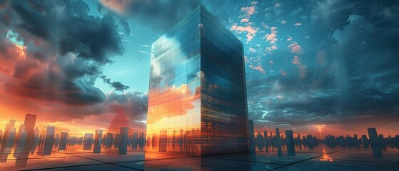 Fototapete - An angle view of high rise building with a dark steel window system reflecting clouds on glass. 3D rendering of future architecture.