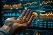 Editorial photography of a person's hand holding a gold nugget, with charts of gold and precious metals investment in the background, high contrast and sharp focus