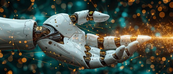 Aufkleber - Medical healthcare practice assistance with robotic hands and artificial intelligence for surgical performance, unity with human and artificial intelligence concepts, with graphical icon display on a