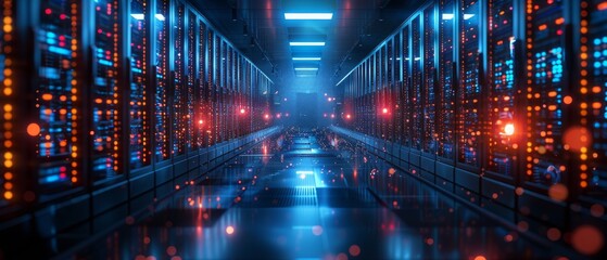 Fototapete - An image of a corridor in a data center full of rack servers and supercomputers with an Internet visualization projector.