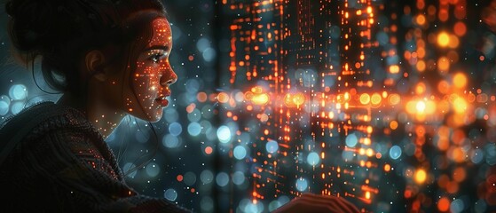 Aufkleber - Using modern computer to surf the internet in futuristic metaverse. Woman using modern computer to surf the internet. Digital marketing and IoT everywhere.