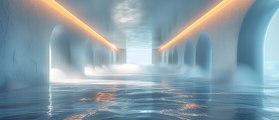 Poster - The tunnel leads to light in a white futuristic style. Wide-angle shot. Abstract 3D rendered background in a modern style.