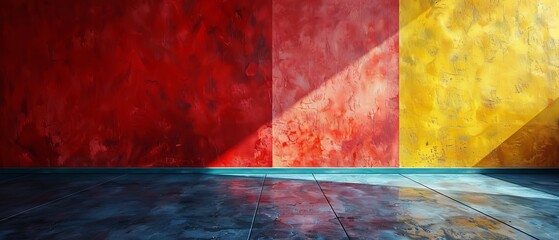 Fototapete - A blank colorful wall background and a hard falling shadow. Applying shadows to the wall. 3D rendering.