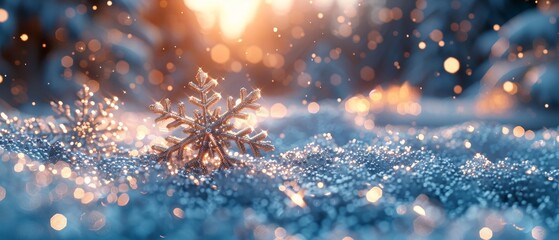 Aufkleber - Acrylic Crystals And Real Snowdrift On Snowflakes - Snowflakes On Snow With Bokeh Of Christmas Lights