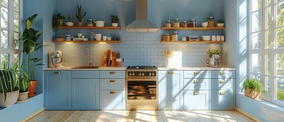 Fototapete - A blue kitchen interior with white countertops. A cozy bright kitchen with utensils and appliances. A kitchen working space. 3D animation. 3D illustration.