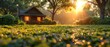 Taking a break from work to enjoy the garden. Green lawn. Small house. Sunrise in the garden at dawn. Wooden house. 3D render of a wooden house.