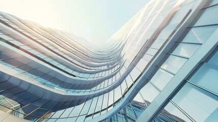 Fototapete - The view of a futuristic skyscraper with curve glass windows is taken from a low angle.