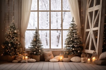 Wall Mural - christmas background with fine wood boards on the floor and defocused interior with christmas decorations 