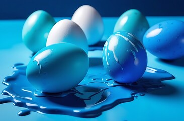 Wall Mural - blue easter eggs. colorful eggs. Easter eggs are poured with paint, splashes, blue background	
