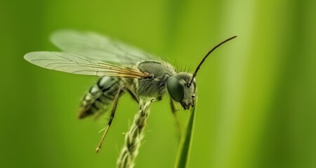 Poster -  Close-up of a bee on a blade of grass, with a blurred green background